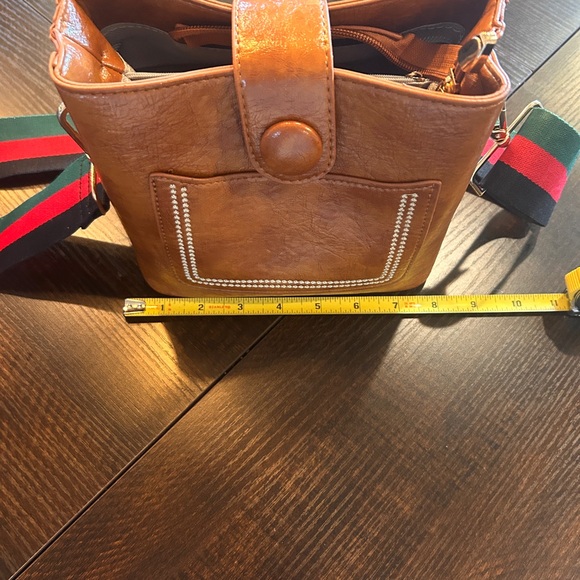 Petite Brown Leather Crossbody Bag with Striped Strap - Picture 5 of 7